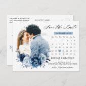 ダスティブルー石板ネイビーフローラブーケ日付を保存 ポストカード (正面/裏面)