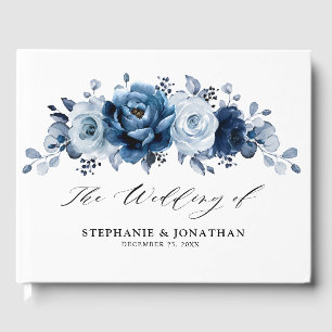 ダスティブルー石板ネイビーフローラボタニカル結婚ズ ゲストブック