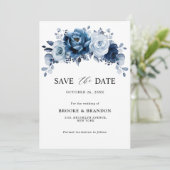 ダスティブルー石板ネイビーフローラボタニカル結婚ズ セーブザデート (スタンド正面)