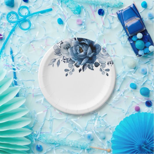 ダスティブルー石板ネイビーフローラボタニカル結婚ズ ペーパープレート (パーティー)