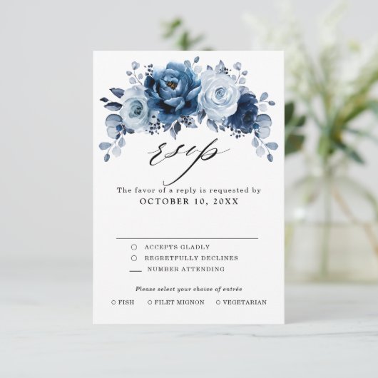 ダスティブルー石板ネイビーフローラボタニカル結婚ズ 出欠カード (スタンド正面)