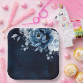 ダスティブルー石板ネイビーフローラボ結婚タニカルパップ ペーパープレート (パーティー)