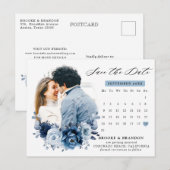ダスティブルー石板ネイビーフローラ結婚式の日付を保存 ポストカード (正面/裏面)
