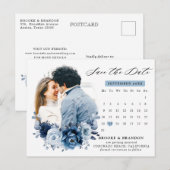 ダスティブルー石板ネイビーフローラ結婚式の日付を保存 ポストカード (正面/裏面)