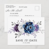 ダスティブルー石板ネイビーフローラ結婚式の日付を保存 ポストカード (正面/裏面)