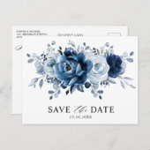 ダスティブルー石板ネイビーフローラ結婚式の日付を保存 ポストカード (正面/裏面)