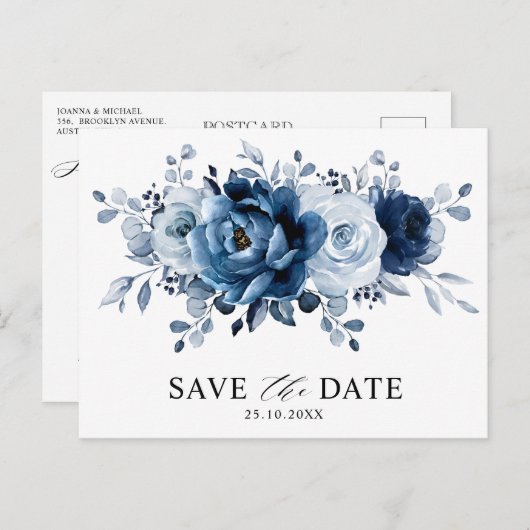 ダスティブルー石板ネイビーフローラ結婚式の日付を保存 ポストカード (正面/裏面)