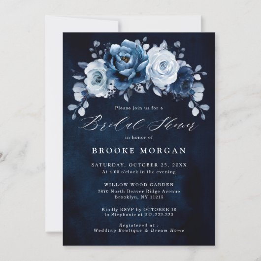 ダスティブルー石板ネイビーブライダルシャワーインヴィ 招待状 (正面)