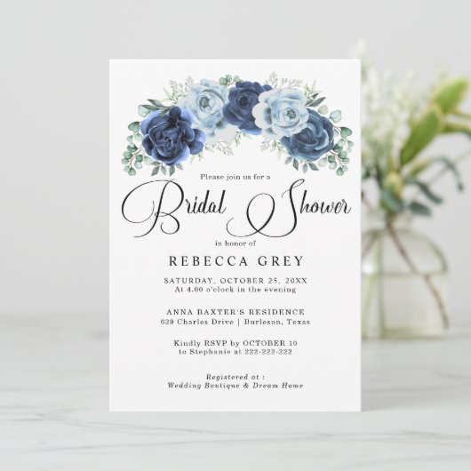ダスティブルー石板ネイビーボタニカルブライダルシャワー 招待状 (スタンド正面)