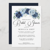 ダスティブルー石板ネイビーボタニカルブライダルシャワー 招待状 (正面/裏面)