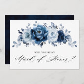 ダスティブルー石板ネイビーボタニカルメイド・オブ・オーナー(花嫁付き添い人) 招待状 (正面/裏面)