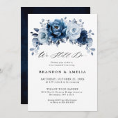 ダスティブルー石板ネイビーボタニカルリハーサルディナー 招待状 (正面/裏面)