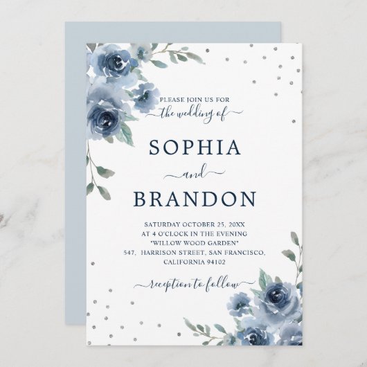 ダスティブルー石板フローラボタニカルシック結婚ズ 招待状 (正面/裏面)