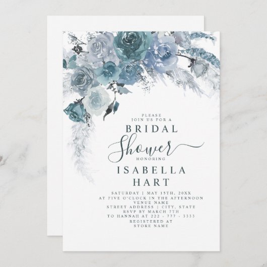 ダスティブルー石板ボホパンパフローラブライダルシャワー 招待状 (正面/裏面)
