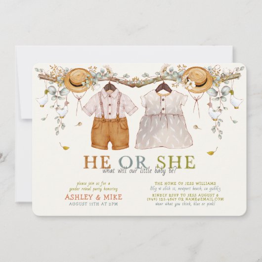 ダスティブルー素朴フローラコテージコアジェンダーリビール 招待状 (正面)