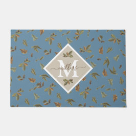 ダスティブルー素朴ブラウン葉ズファミモノグラムのリ ドアマット