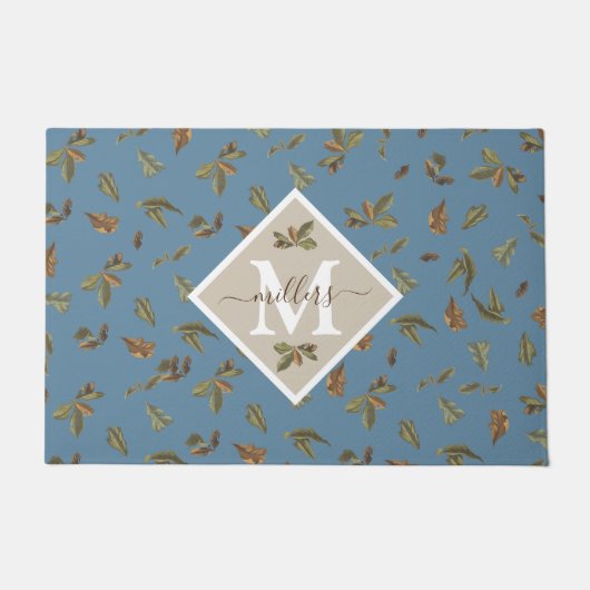 ダスティブルー素朴ブラウン葉ズファミモノグラムのリ ドアマット (正面)