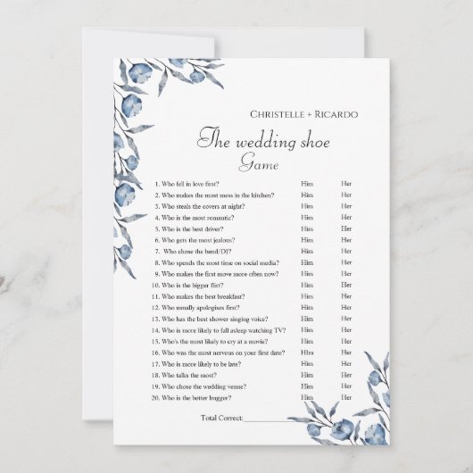 ダスティブルー結婚のシューゲームパーティーゲームカード 案内状 (正面)