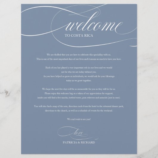 ダスティブルー結婚の週末のウェルカム旅程 (正面)