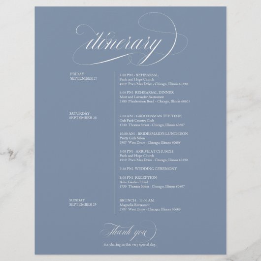 ダスティブルー結婚の週末のウェルカム旅程 (裏面)