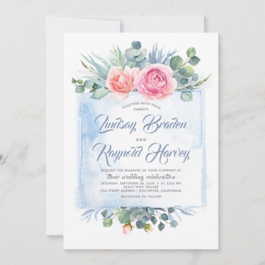 ダスティブルー結婚ズ |石板ブルーと赤面ピンク 招待状 (正面)