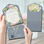 ダスティブルー結婚フローラのQRコード オールインワン招待状<br><div class="desc">水エレガント色ホワイトとグリーンのアジサイ、ピンクとクリームのバラ、デイジーと緑の埃っぽい青い背景、これらの3倍の結婚式招待状は、セクションではシックなレタリングであなたの詳細を特徴とし、あなたのウェブサイトに返信するQRコード結婚に。このアイテムは封筒に郵送するように設定されている – 私たちの店であなたのために非エンベロープスタイルを行った。その他のスタイル、色とマッチするアイテムは私たちの店。</div>