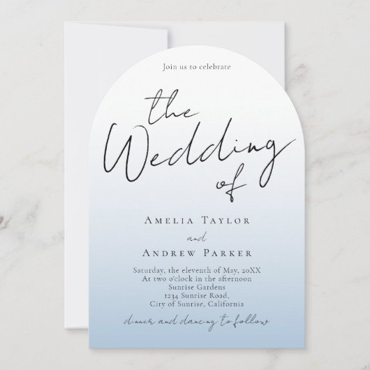 ダスティブルー結婚式招待状アーチフォトQRコード 招待状 (正面)