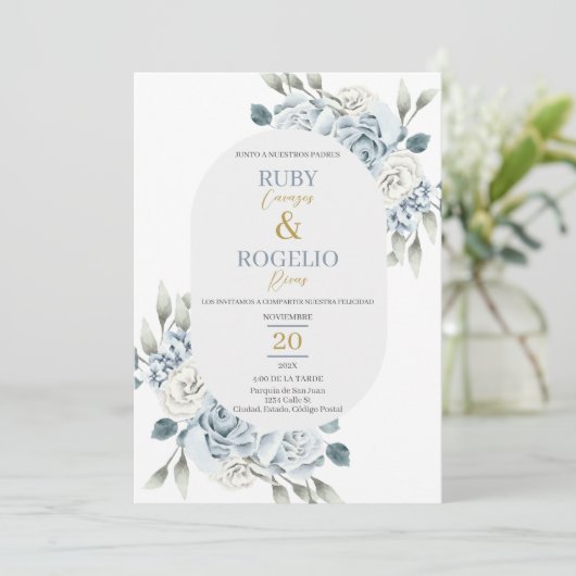 ダスティブルー結婚式招待状スペインのイン 招待状 (スタンド正面)