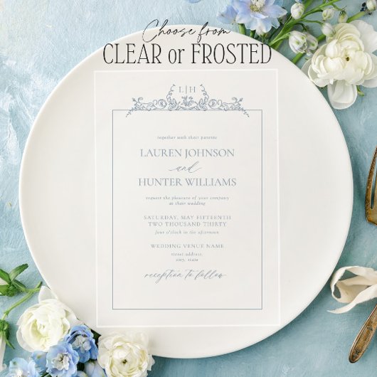 ダスティブルー縁どフローラモノグラム結婚ズ アクリル招待状