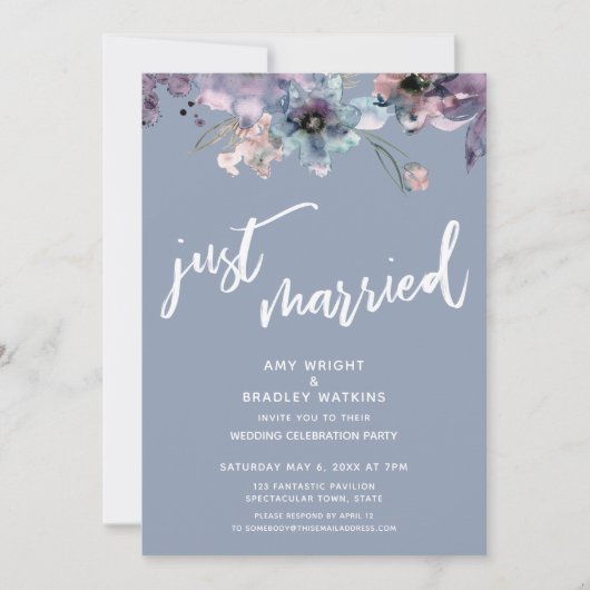 ダスティブルー色彩の鮮やかフローラたった今結婚しました披露宴 招待状 (正面)