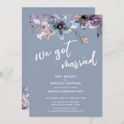 ダスティブルー色彩の鮮やかフローラウィー得結婚した披露宴 招待状 (正面/裏面)