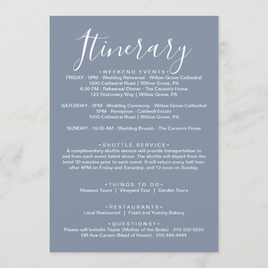 ダスティブルー花模様ウェルカムレター&旅程 プログラム (裏面)