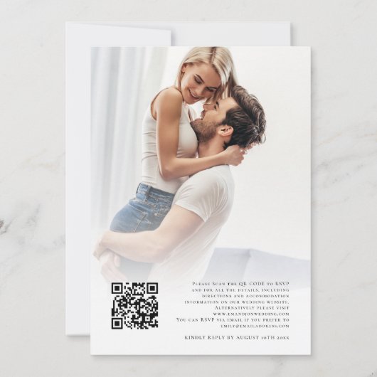 ダスティブルー花模様オーバーレイ写真QRコード結婚ズ 招待状 (裏面)