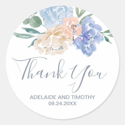 ダスティブルー花模様サンキュー結婚式の引き出物 ラウンドシール (正面)