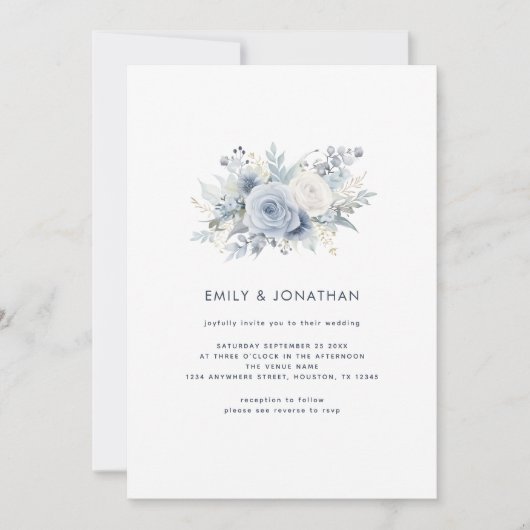 ダスティブルー花模様ネイビー文字QRコード結婚ズ 招待状 (正面)