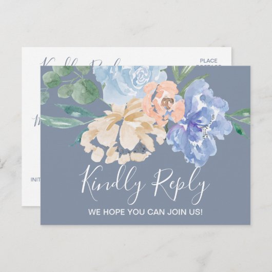 ダスティブルー花模様メニュー選択RSVPポストカード インビテーションポストカード (正面/裏面)