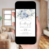 ダスティブルー花模様写真QRコードアー結婚チ 招待状