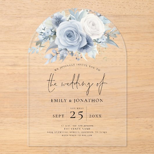 ダスティブルー花模様結婚ズアクリル アクリル招待状 (正面)