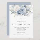 ダスティブルー花模様退職パーティの招待状 招待状 (正面/裏面)
