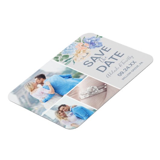 ダスティブルー花模様 |グレー3写真の日付を保存 マグネット (左側)