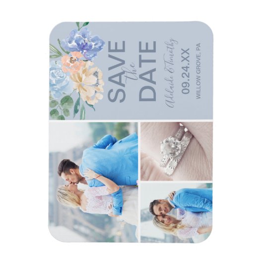 ダスティブルー花模様 |石板3 Photo日付を保存 マグネット (縦)