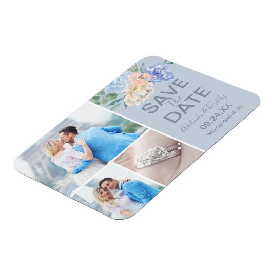 ダスティブルー花模様 |石板3 Photo日付を保存 マグネット (左側)