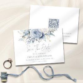 ダスティブルー花模様QRコードブルーレタリング結婚ズ セーブザデート
