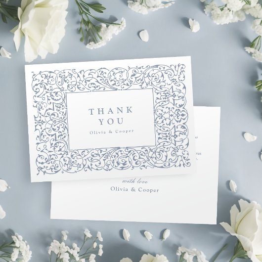ダスティブルー華美ヴィンテージフレクラシックーム結婚の サンキューカード
