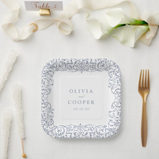 ダスティブルー華美ヴィンテージフレクラシックーム結婚の ペーパープレート (ウェディング)