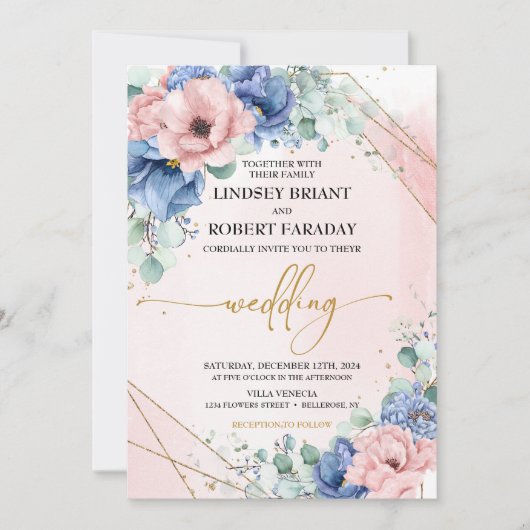 ダスティブルー赤面と金ゴールド結婚ズ 招待状 (正面)