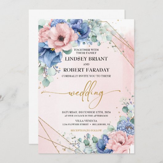 ダスティブルー赤面と金ゴールド結婚ズ 招待状 (正面/裏面)