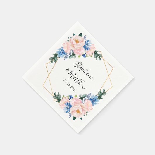 ダスティブルー赤面ピンクジオメトリック結婚フローラ スタンダードカクテルナプキン (角)