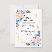 ダスティブルー赤面ピンクジオメトリック結婚フローラ セーブザデート (正面)