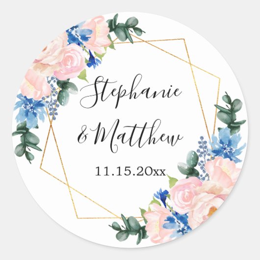 ダスティブルー赤面ピンクジオメトリック結婚フローラ ラウンドシール (正面)